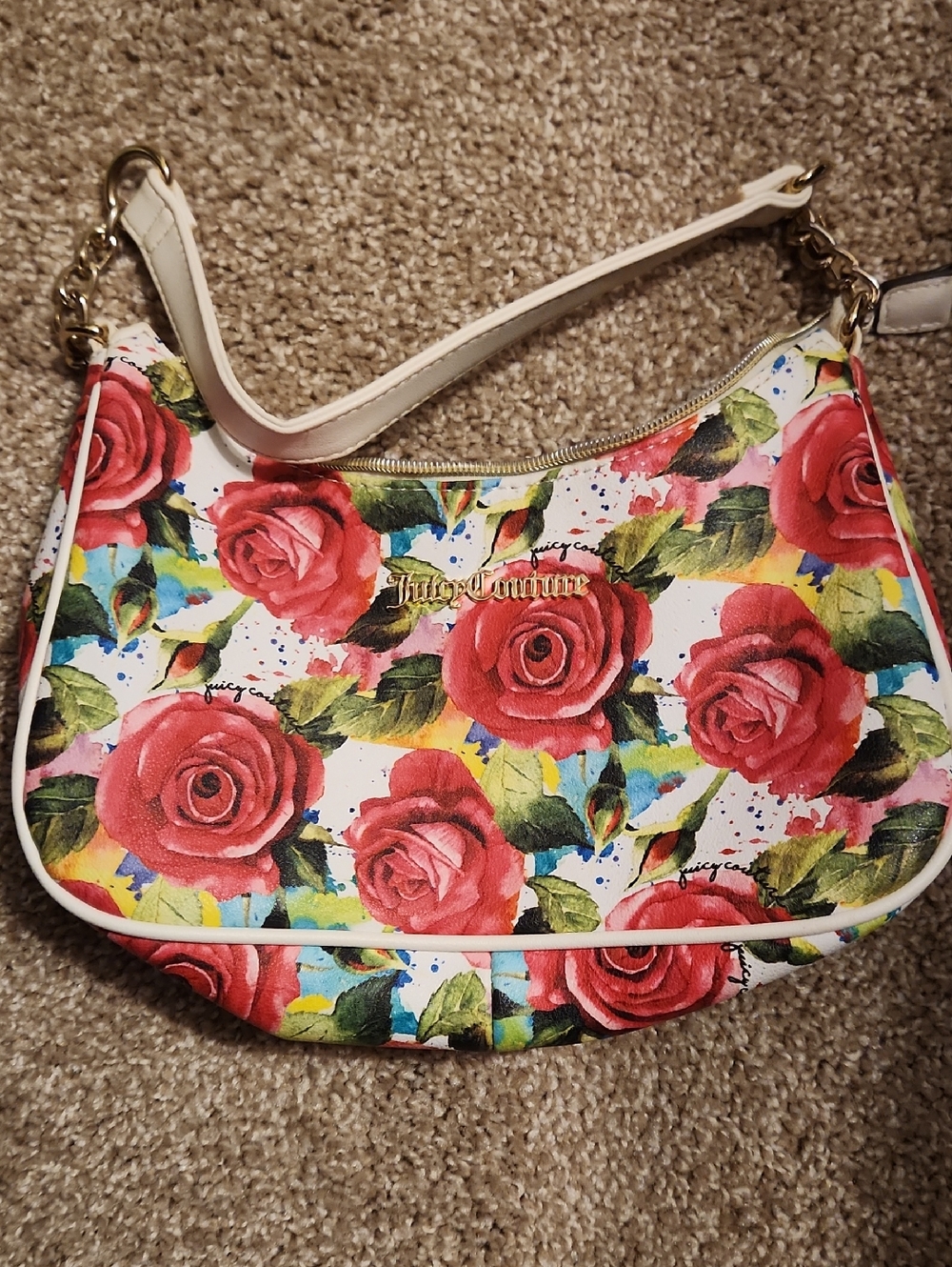 Juicy Couture Red Rose-Print White Shoulder Bag with Gold Logo